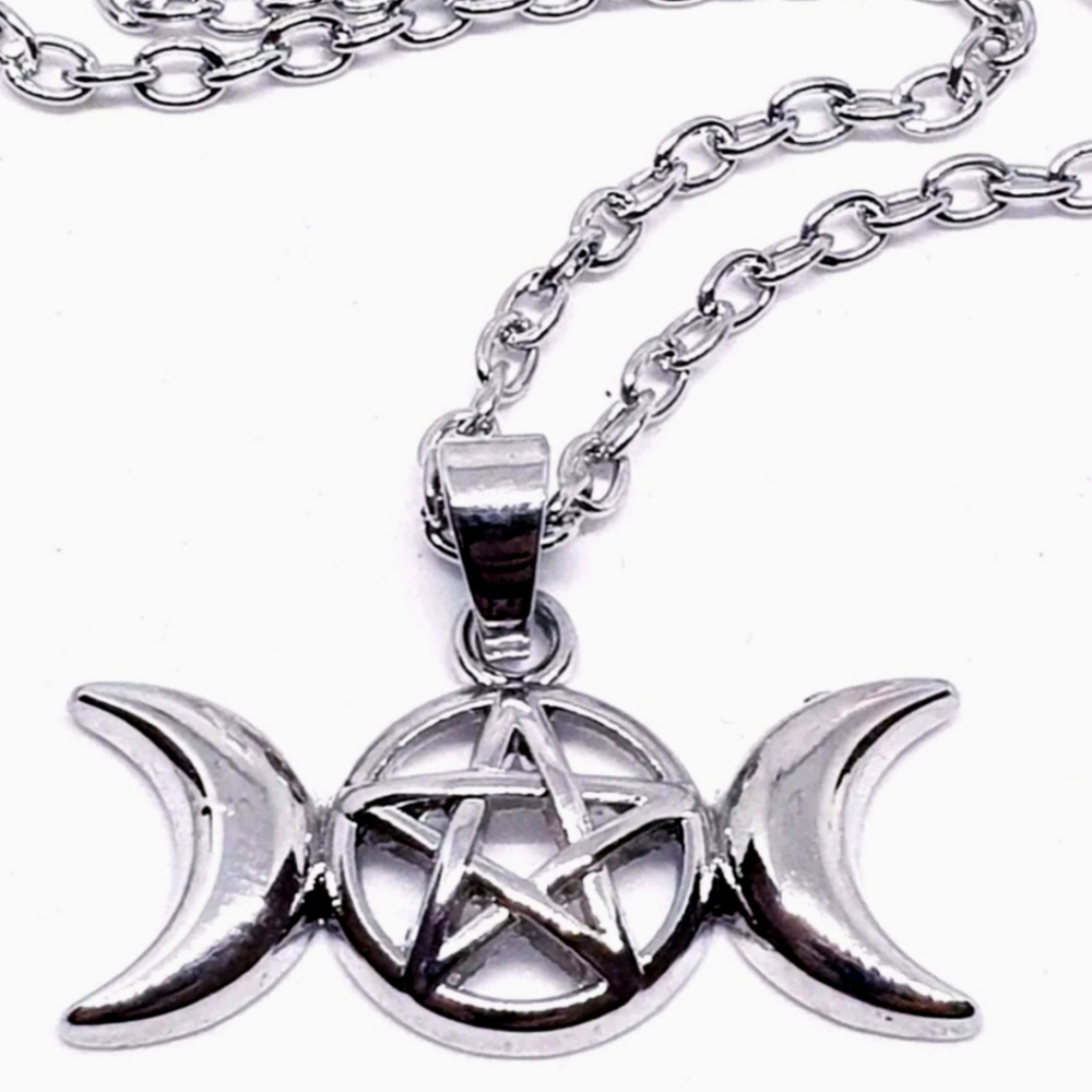 New Triple Moon Goddess Amulet Silver Necklace.